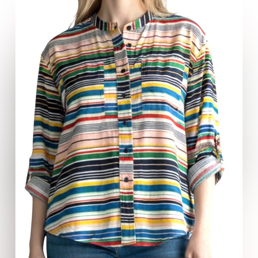 Zac & Rachel Multicolor Striped Button up Top Band collar Women’s S Rolled cuffs